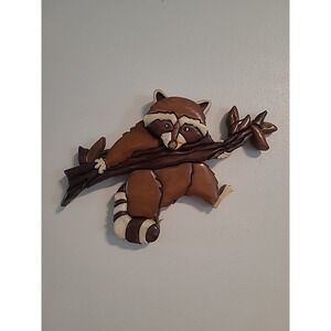 Vintage Racoon Handmade Wood Intarsia Wall Hanging Decor Oregon 14" By 10"